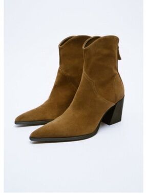 ZARA Cowboy Split Suede Leather Ankle Boots Almond Tan Brown